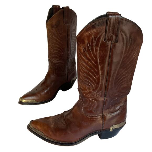Mexican Western Cowboy Boots • Brown Leather • Metal Toe/Heel • Women’s 5.5 - Picture 1 of 10
